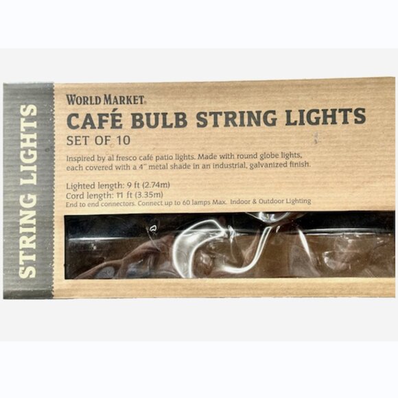 World Market Café Bulb String Lights 10ct Galvanized Industrial Patio Bistro New - Picture 3 of 7